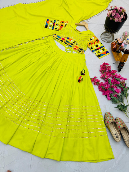 Garba Wear Parrot Green Color Cotton Embroidery With Mirror Work Designer Lehenga Choli