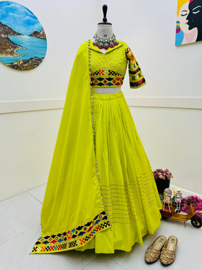 Garba Wear Parrot Green Color Cotton Embroidery With Mirror Work Designer Lehenga Choli