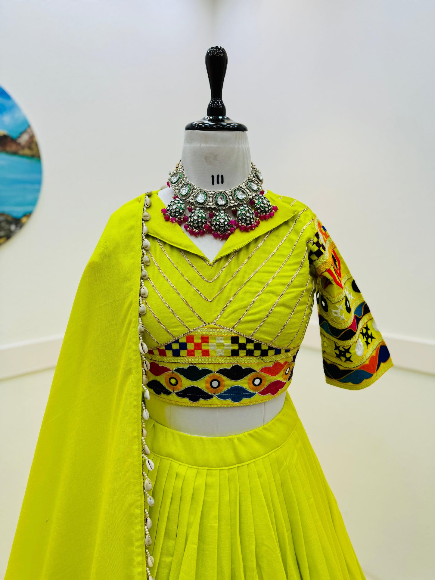 Garba Wear Parrot Green Color Cotton Embroidery With Mirror Work Designer Lehenga Choli