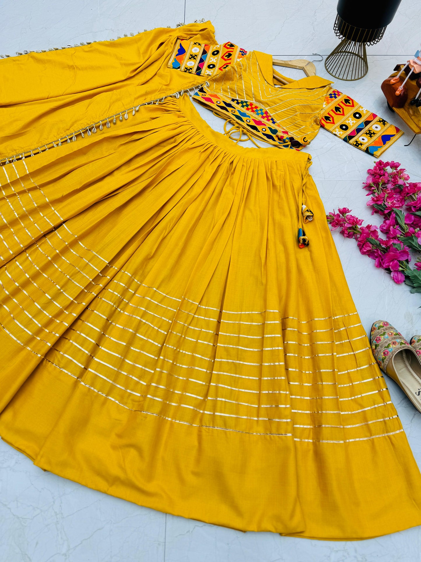 Navratri Collection Yellow Color Cotton Embroidery With Mirror Work Designer Lehenga Choli