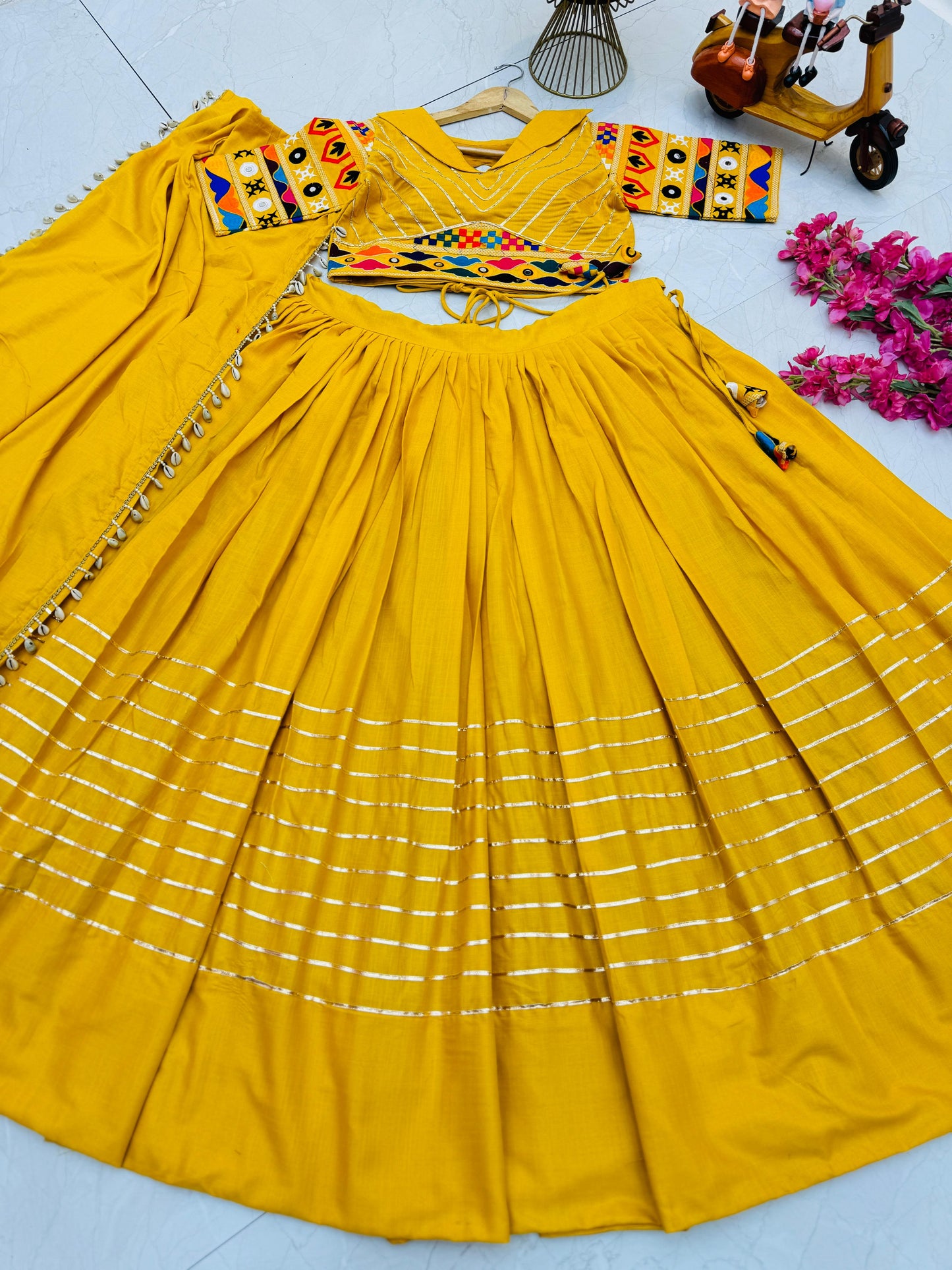 Navratri Collection Yellow Color Cotton Embroidery With Mirror Work Designer Lehenga Choli