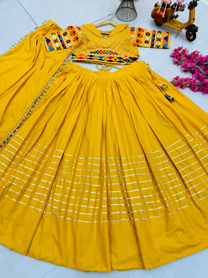 Navratri Collection Yellow Color Cotton Embroidery With Mirror Work Designer Lehenga Choli