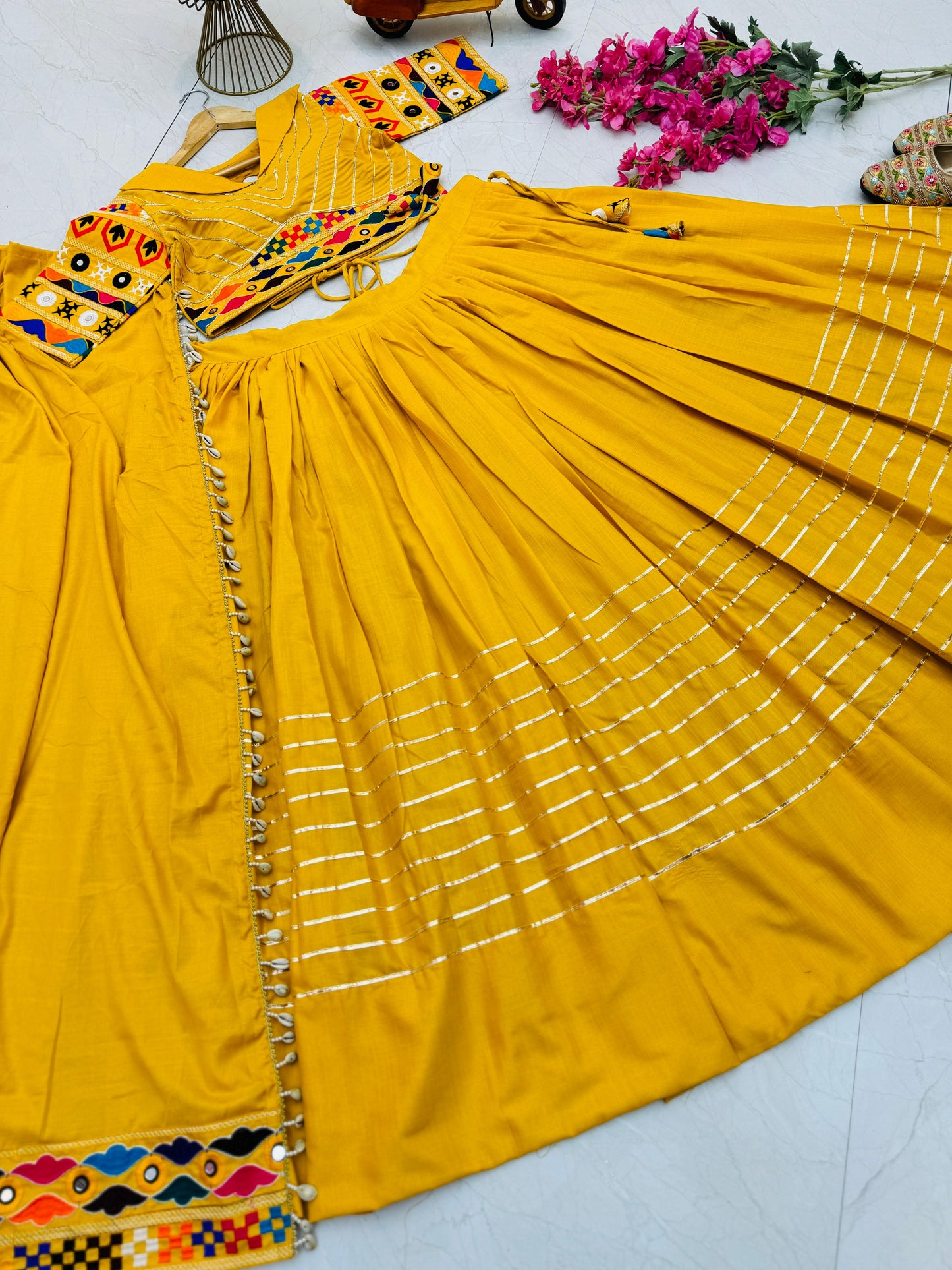 Navratri Collection Yellow Color Cotton Embroidery With Mirror Work Designer Lehenga Choli