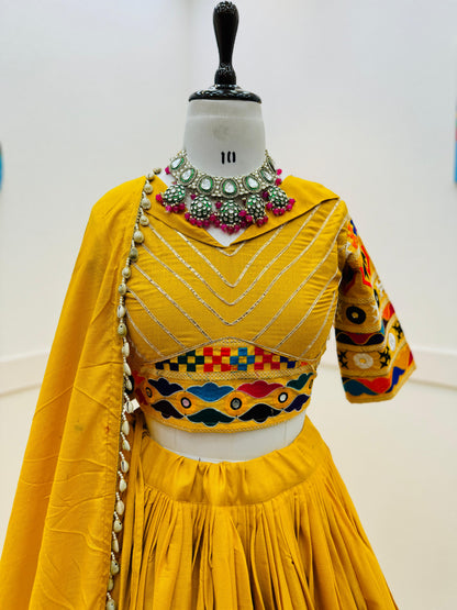 Navratri Collection Yellow Color Cotton Embroidery With Mirror Work Designer Lehenga Choli