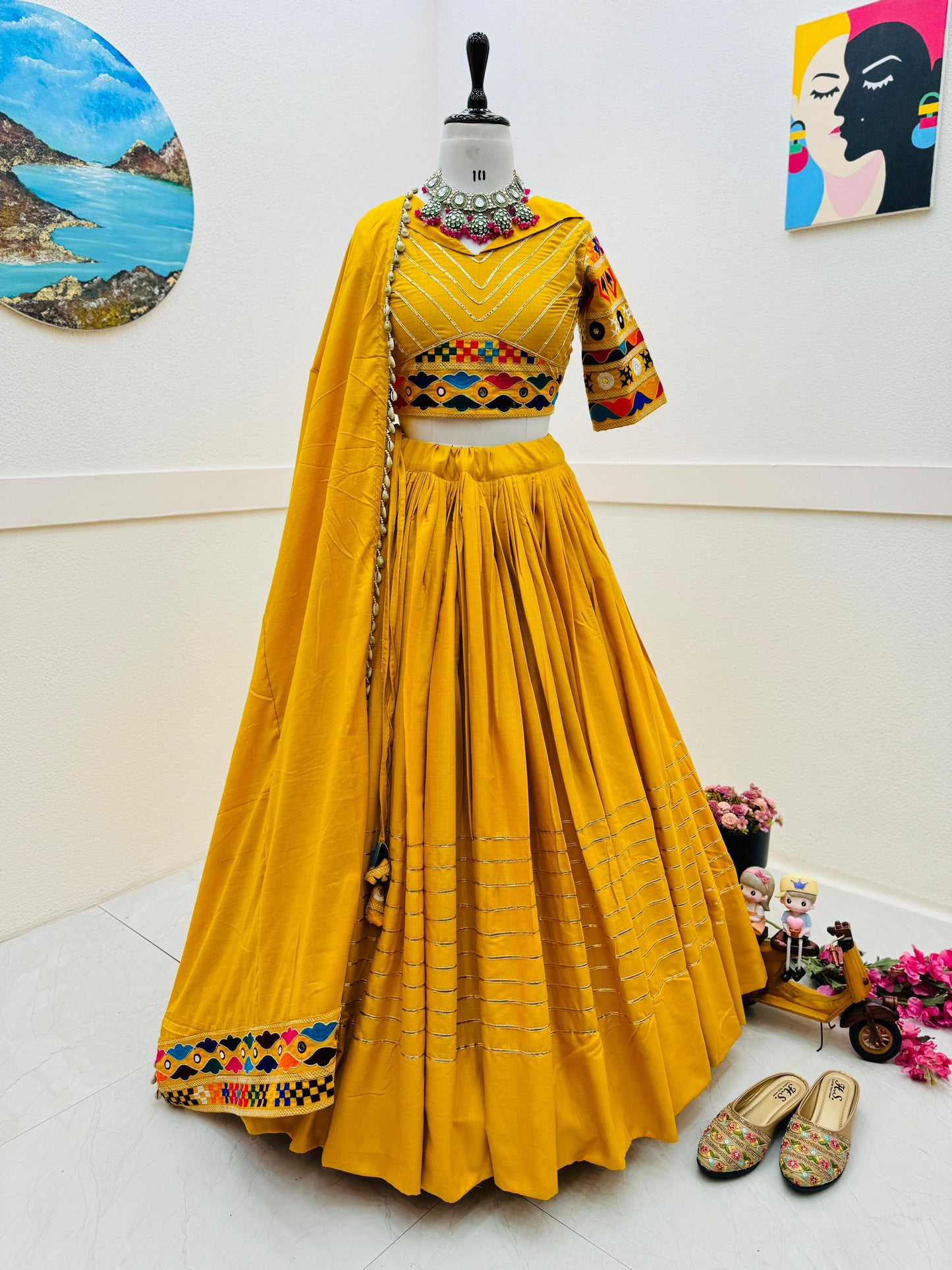 Navratri Collection Yellow Color Cotton Embroidery With Mirror Work Designer Lehenga Choli
