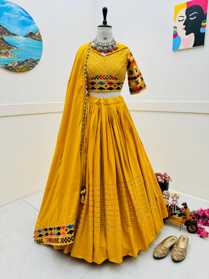 Navratri Collection Yellow Color Cotton Embroidery With Mirror Work Designer Lehenga Choli