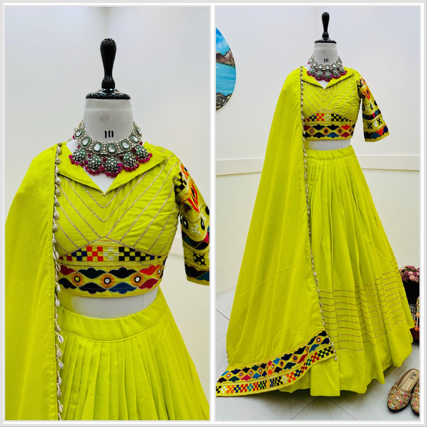 Garba Wear Parrot Green Color Cotton Embroidery With Mirror Work Designer Lehenga Choli