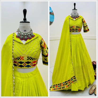 Garba Wear Parrot Green Color Cotton Embroidery With Mirror Work Designer Lehenga Choli