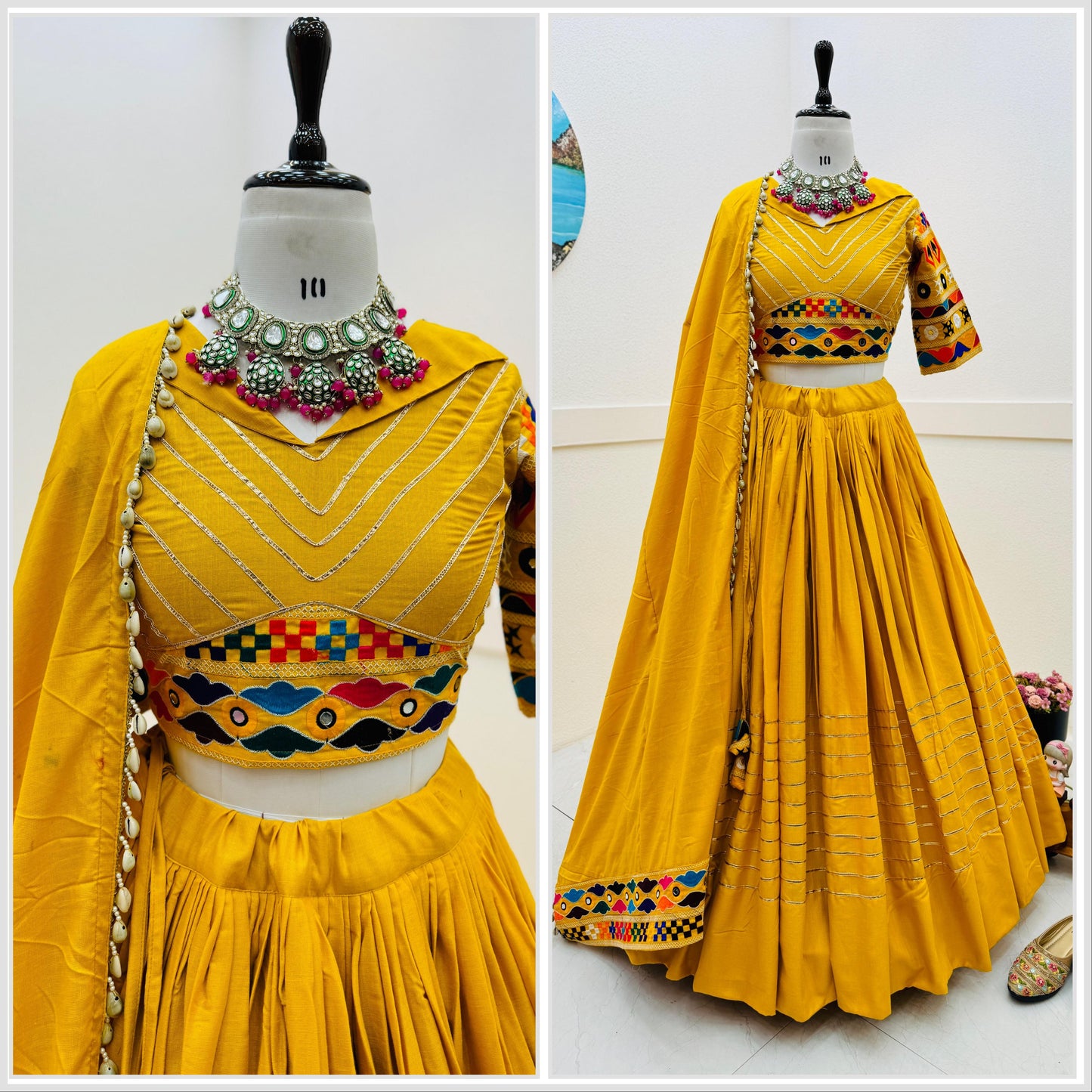 Navratri Collection Yellow Color Cotton Embroidery With Mirror Work Designer Lehenga Choli