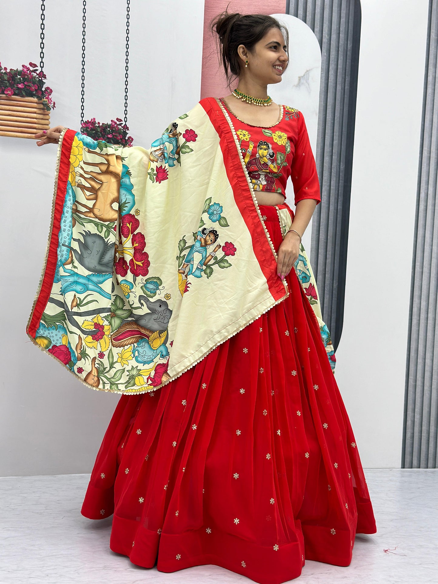 Traditional Wear Red Foux Georgette Heavy Embroidery Work Navratri Lehenga Choli