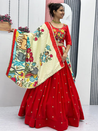 Traditional Wear Red Foux Georgette Heavy Embroidery Work Navratri Lehenga Choli