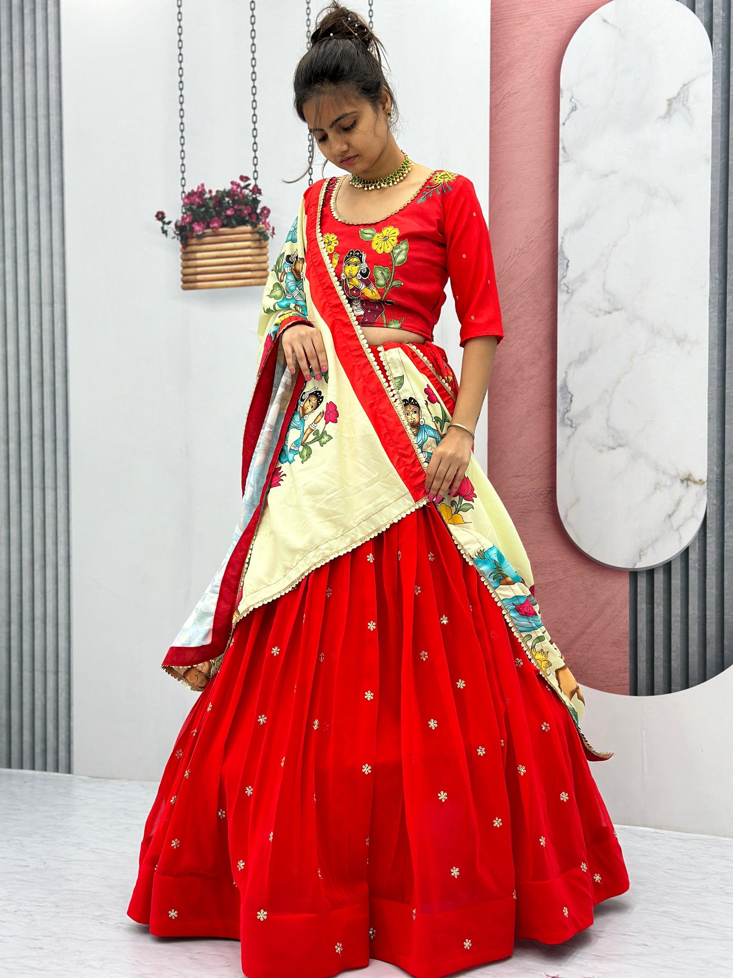 Traditional Wear Red Foux Georgette Heavy Embroidery Work Navratri Lehenga Choli