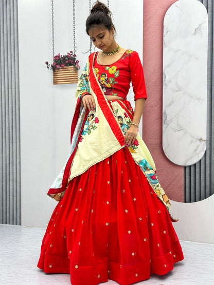 Traditional Wear Red Foux Georgette Heavy Embroidery Work Navratri Lehenga Choli