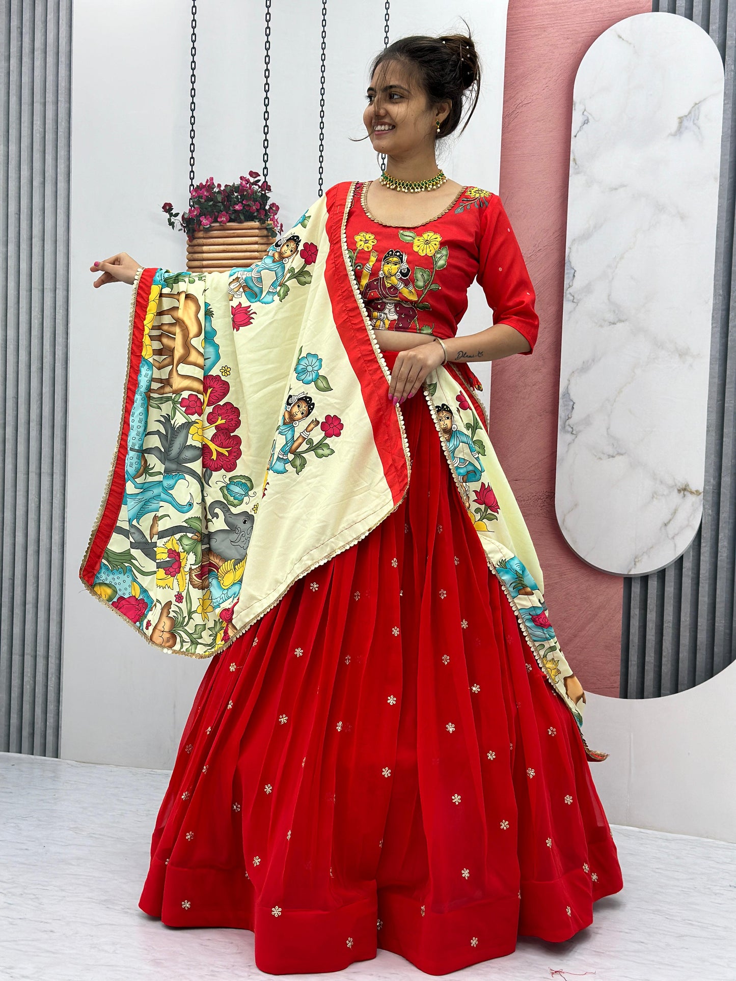 Traditional Wear Red Foux Georgette Heavy Embroidery Work Navratri Lehenga Choli