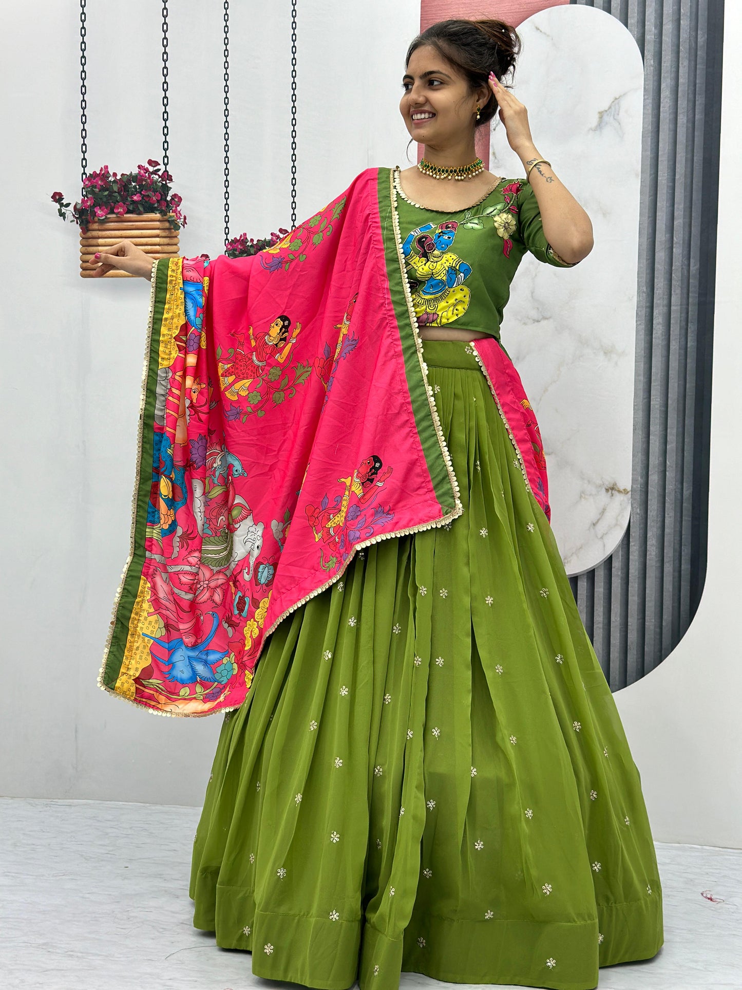 Traditional Wear Green Foux Georgette Heavy Embroidery Work Navratri Lehenga Choli