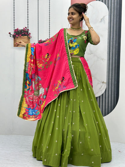 Traditional Wear Green Foux Georgette Heavy Embroidery Work Navratri Lehenga Choli
