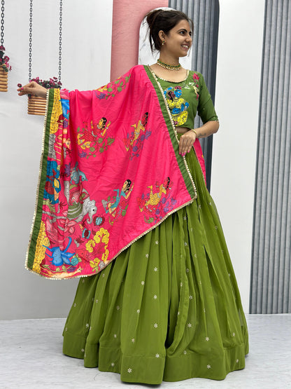 Traditional Wear Green Foux Georgette Heavy Embroidery Work Navratri Lehenga Choli