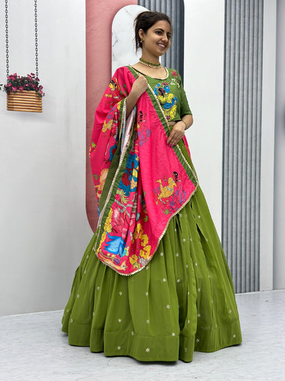 Traditional Wear Green Foux Georgette Heavy Embroidery Work Navratri Lehenga Choli