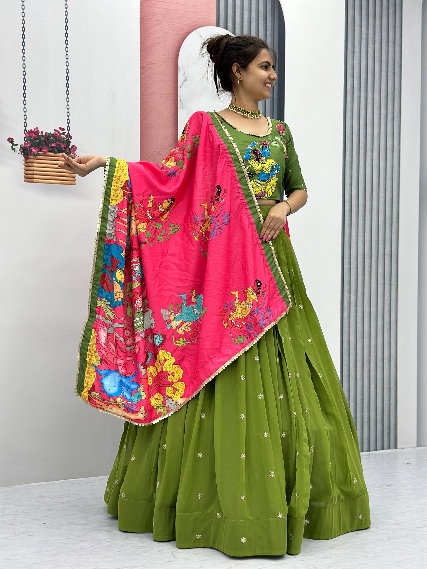Traditional Wear Green Foux Georgette Heavy Embroidery Work Navratri Lehenga Choli