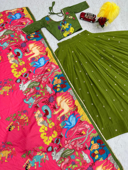 Traditional Wear Green Foux Georgette Heavy Embroidery Work Navratri Lehenga Choli