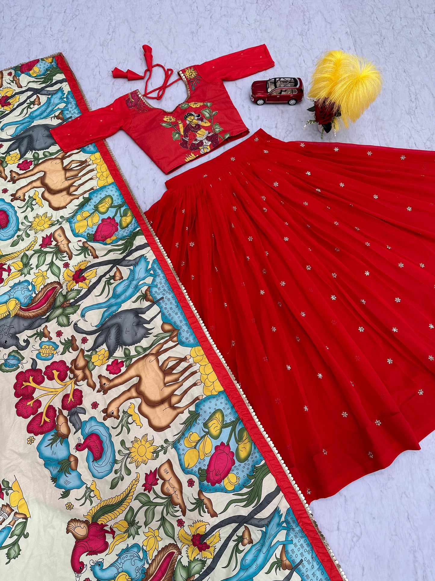 Traditional Wear Red Foux Georgette Heavy Embroidery Work Navratri Lehenga Choli