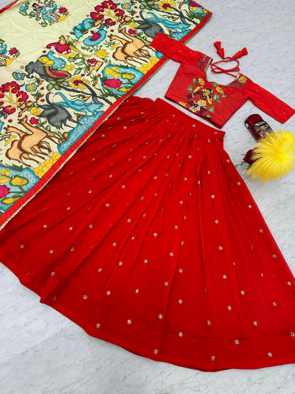 Traditional Wear Red Foux Georgette Heavy Embroidery Work Navratri Lehenga Choli