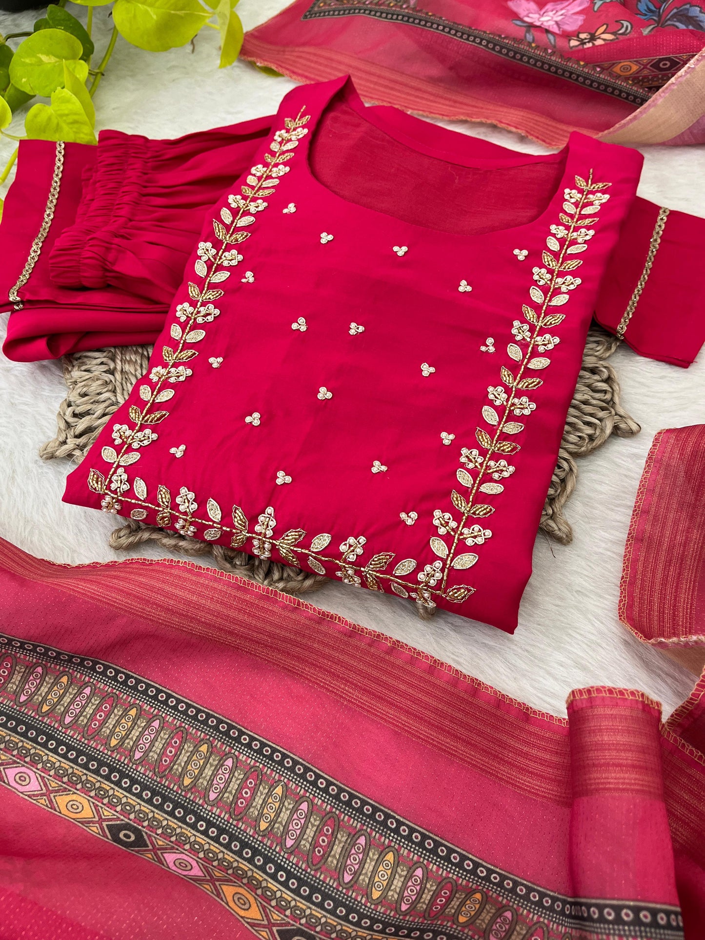 Party Wear Red Color Roman Silk Soft Fabric With Handwork Neck Designer Kurti Pent Suit