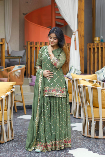 Wedding Wear Green Color Heavy Faux Georgette With 5mm Sequence Embroidery Work Sharara Suit