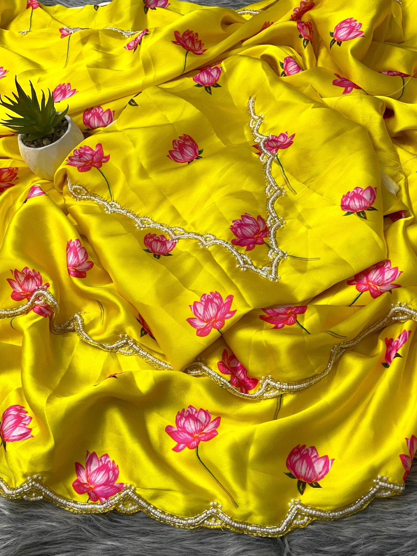 Daisy Yellow Color Pure Soft Japan Satin Silk With Beautiful Floral Printed Saree With khatli Work Blouse
