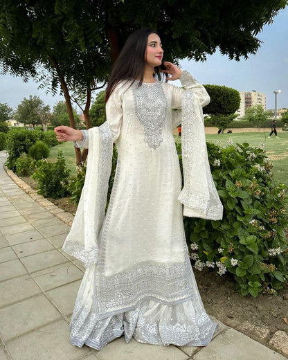 Good Looking Off White Color Foux Georgette Embroidery Sequence Work Designer Sharara Suit