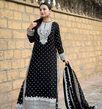 Mesmerizing Black Color Foux Georgette Embroidery Sequence Work Designer Sharara Suit