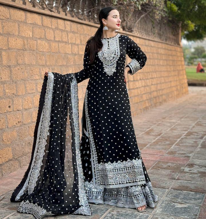 Mesmerizing Black Color Foux Georgette Embroidery Sequence Work Designer Sharara Suit