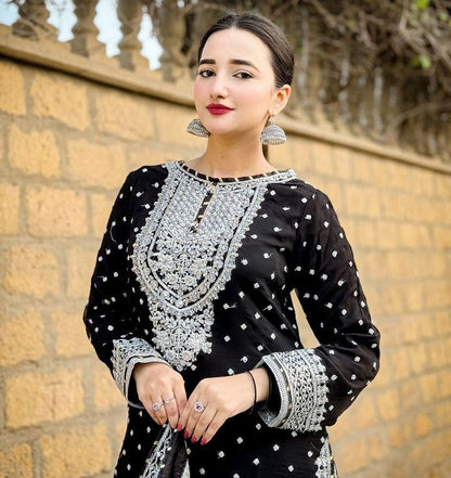 Mesmerizing Black Color Foux Georgette Embroidery Sequence Work Designer Sharara Suit