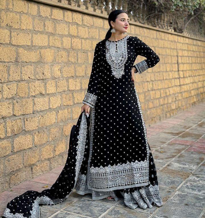 Mesmerizing Black Color Foux Georgette Embroidery Sequence Work Designer Sharara Suit