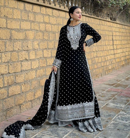 Mesmerizing Black Color Foux Georgette Embroidery Sequence Work Designer Sharara Suit