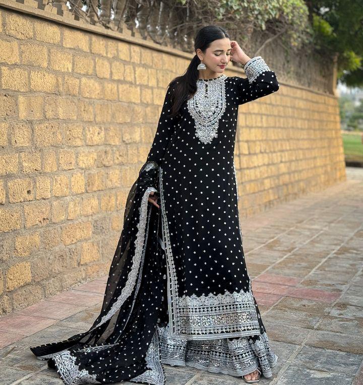 Mesmerizing Black Color Foux Georgette Embroidery Sequence Work Designer Sharara Suit