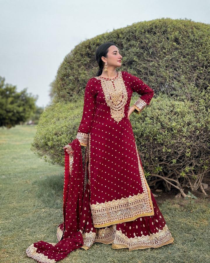 Wedding Wear Red Color Color Foux Georgette Embroidery Sequence Work Designer Sharara Suit