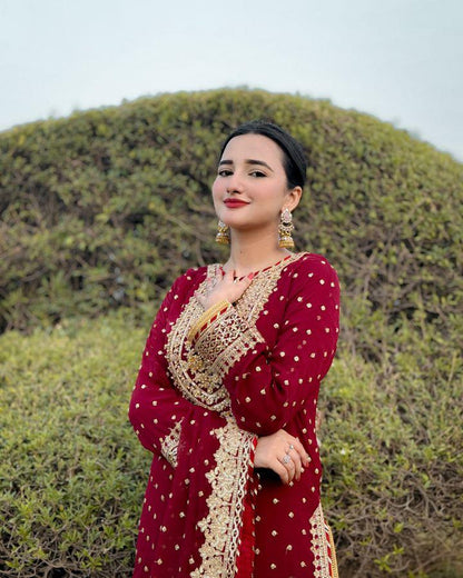Wedding Wear Red Color Color Foux Georgette Embroidery Sequence Work Designer Sharara Suit