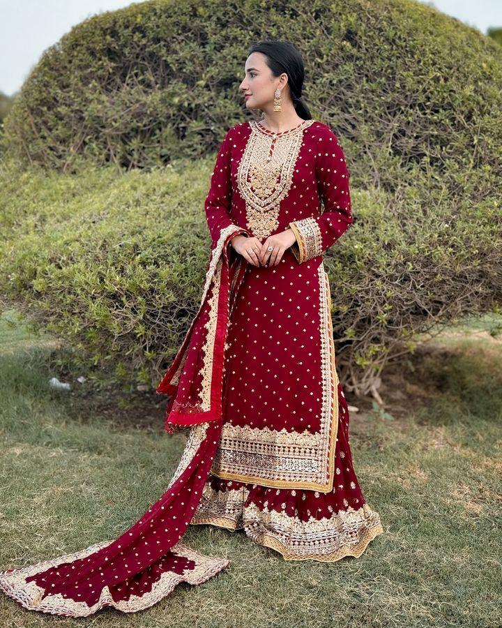 Wedding Wear Red Color Color Foux Georgette Embroidery Sequence Work Designer Sharara Suit