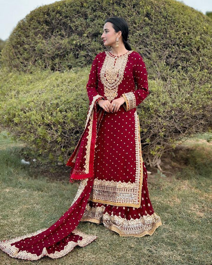 Wedding Wear Red Color Color Foux Georgette Embroidery Sequence Work Designer Sharara Suit