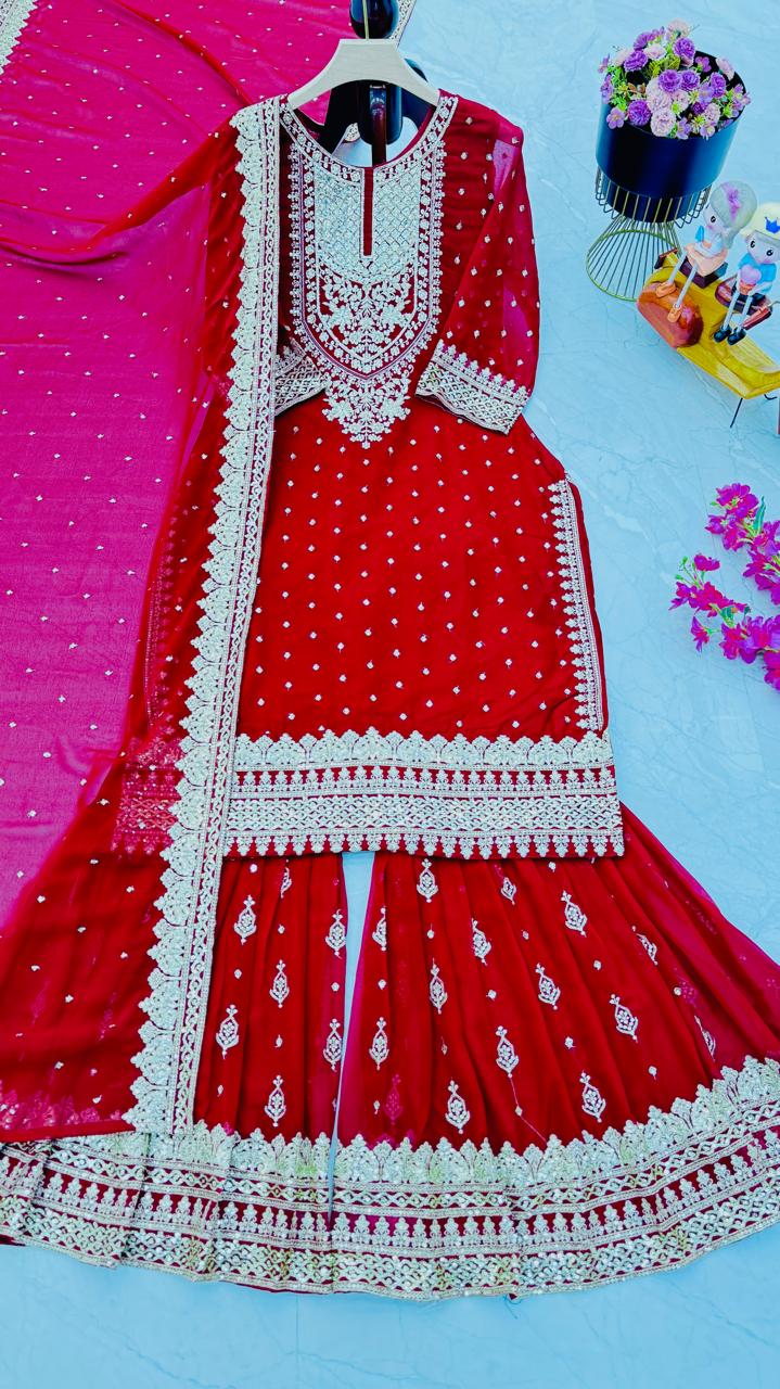 Wedding Wear Red Color Color Foux Georgette Embroidery Sequence Work Designer Sharara Suit