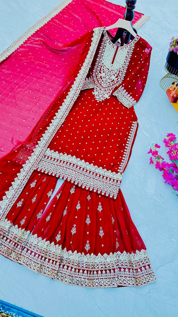 Wedding Wear Red Color Color Foux Georgette Embroidery Sequence Work Designer Sharara Suit