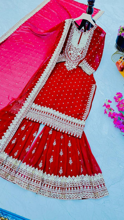 Wedding Wear Red Color Color Foux Georgette Embroidery Sequence Work Designer Sharara Suit