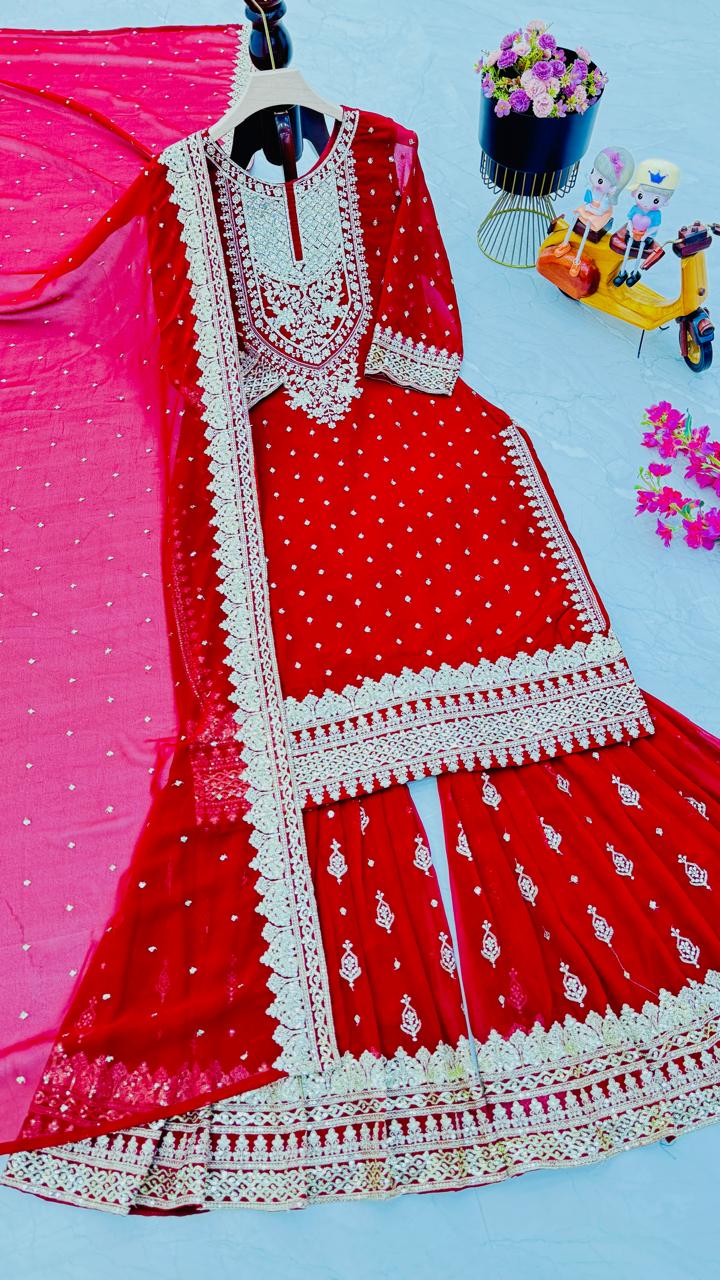 Wedding Wear Red Color Color Foux Georgette Embroidery Sequence Work Designer Sharara Suit