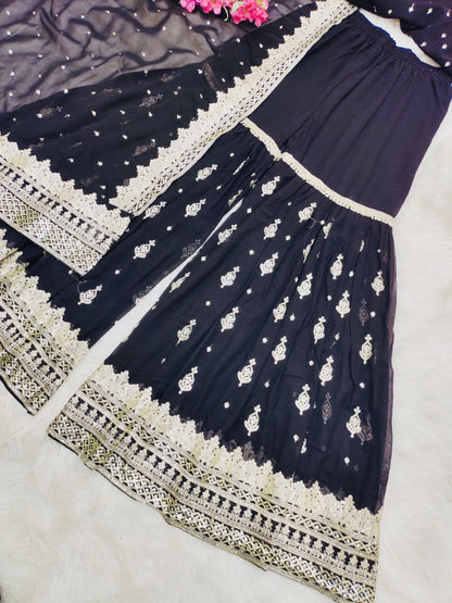 Mesmerizing Black Color Foux Georgette Embroidery Sequence Work Designer Sharara Suit