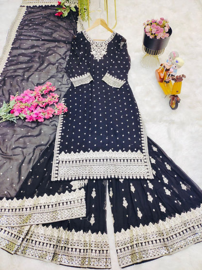 Mesmerizing Black Color Foux Georgette Embroidery Sequence Work Designer Sharara Suit