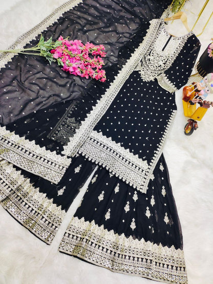 Mesmerizing Black Color Foux Georgette Embroidery Sequence Work Designer Sharara Suit