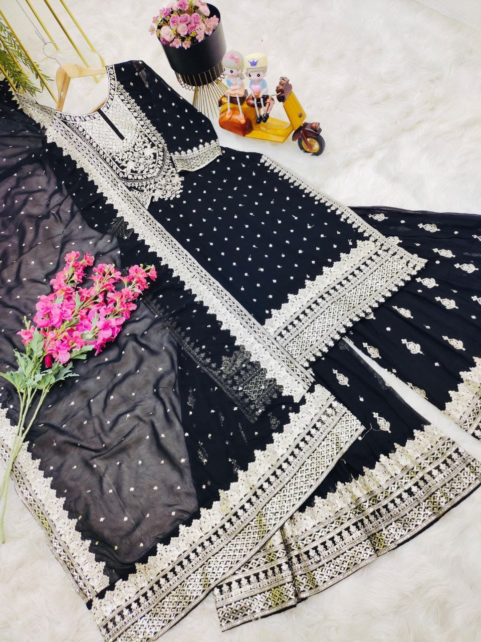 Mesmerizing Black Color Foux Georgette Embroidery Sequence Work Designer Sharara Suit
