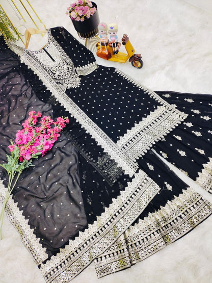 Mesmerizing Black Color Foux Georgette Embroidery Sequence Work Designer Sharara Suit