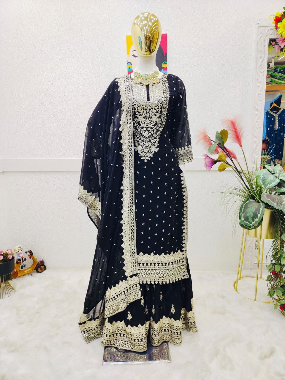 Mesmerizing Black Color Foux Georgette Embroidery Sequence Work Designer Sharara Suit